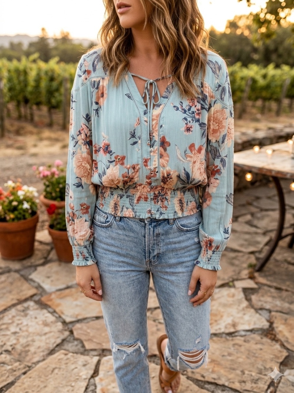 American Rag Light Blue Floral Tie-Front long sleeve Peasant Blouse